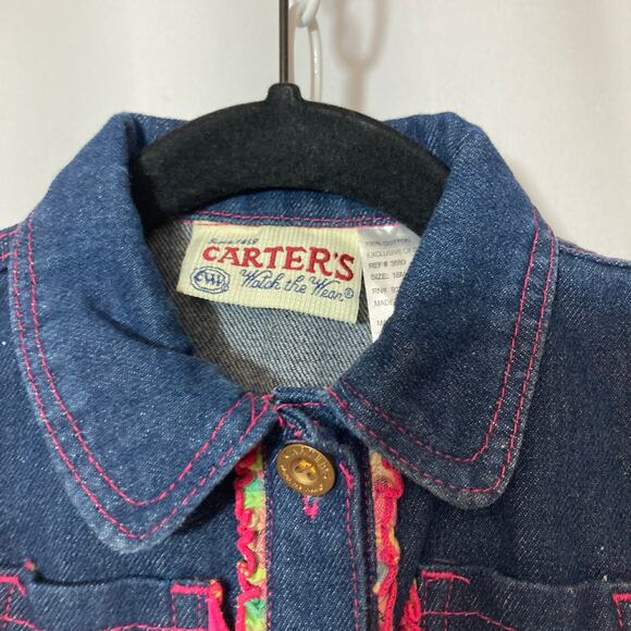 Vintage Carters Toddler Blue Denim Plaid Tie Belt Short Sleeve Button Jean Dress - Picture 3 of 8